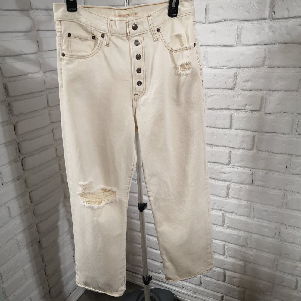 Levi's Ladies Size 29 Off White Ribcage Straight Distressed Ankle Jeans